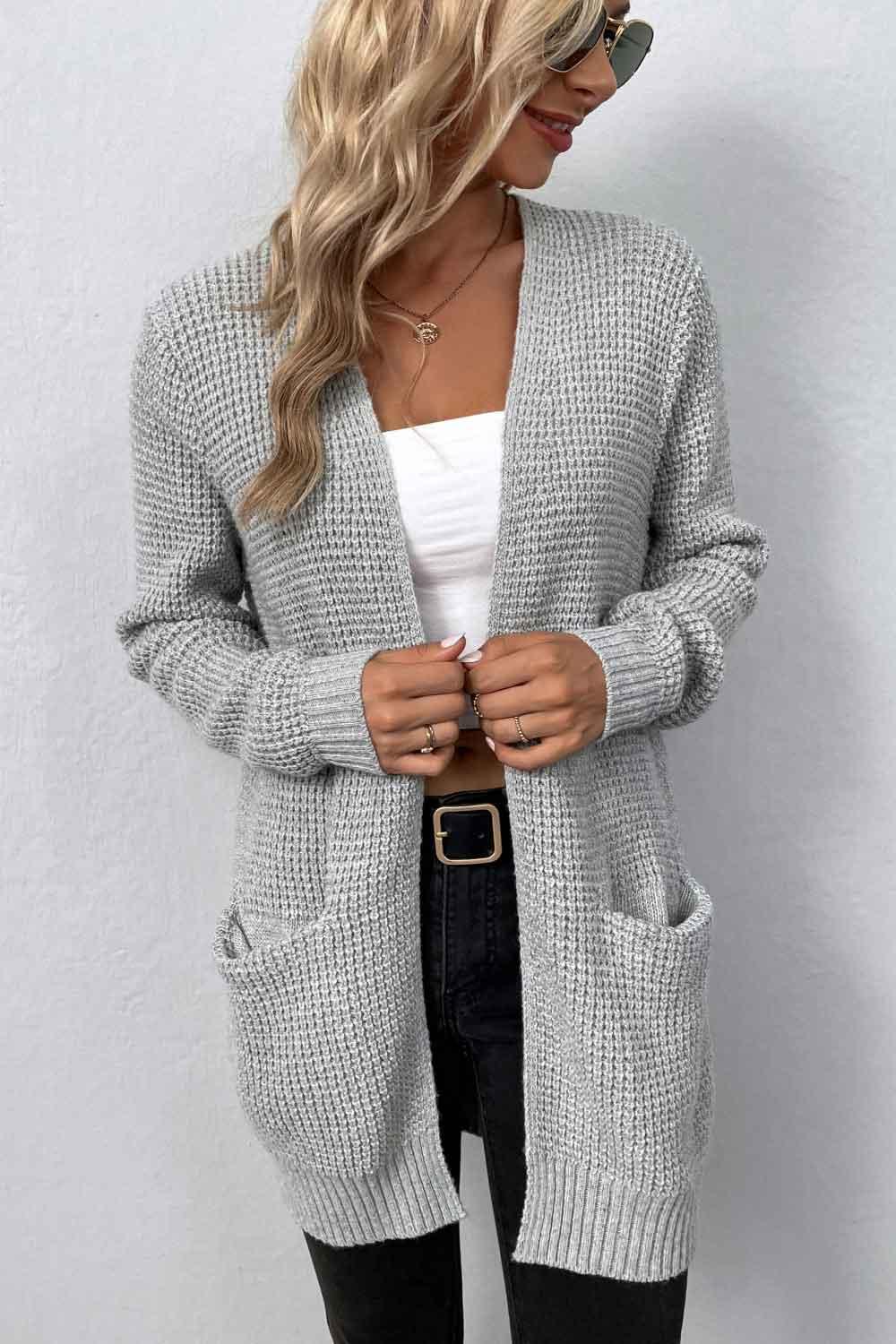 Women's Rib-Knit Open Front Pocketed Cardigan