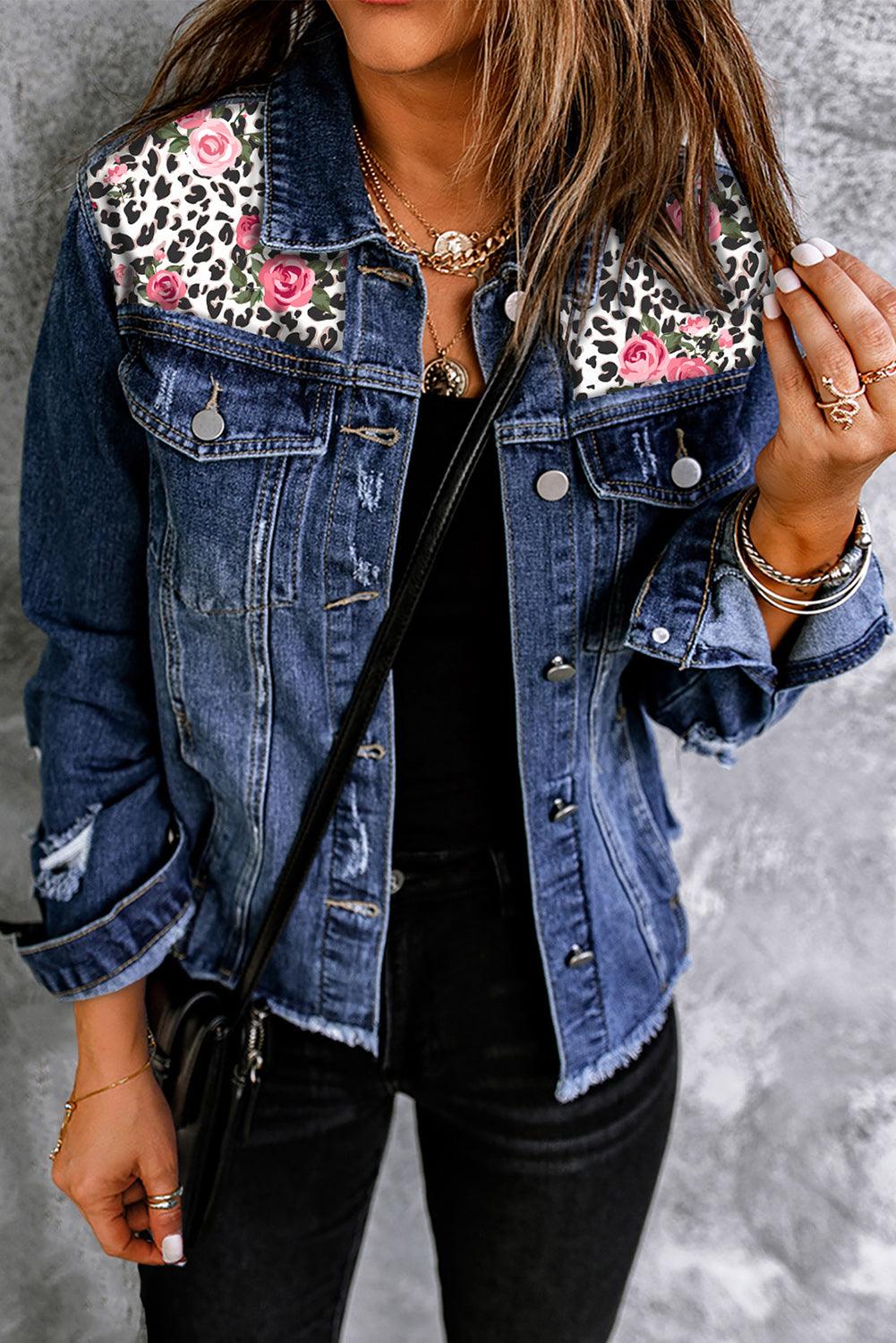 Women's Mixed Print Distressed Button Front Denim Jacket