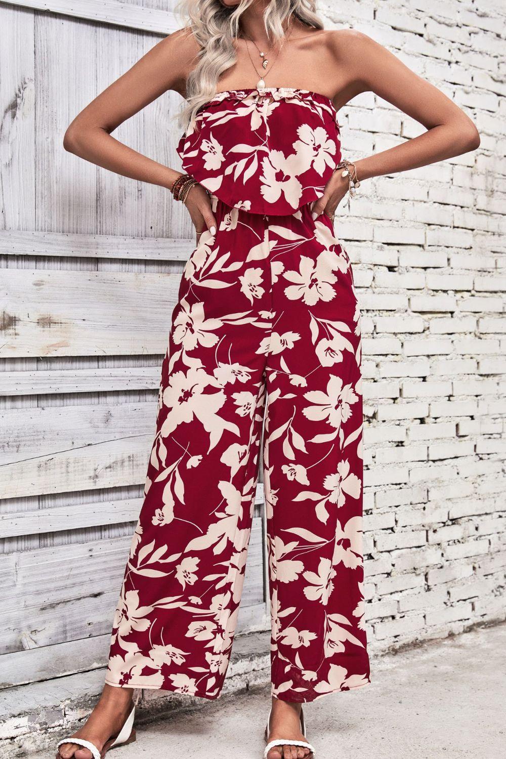 Women's Floral Strapless Wide Leg Jumpsuit