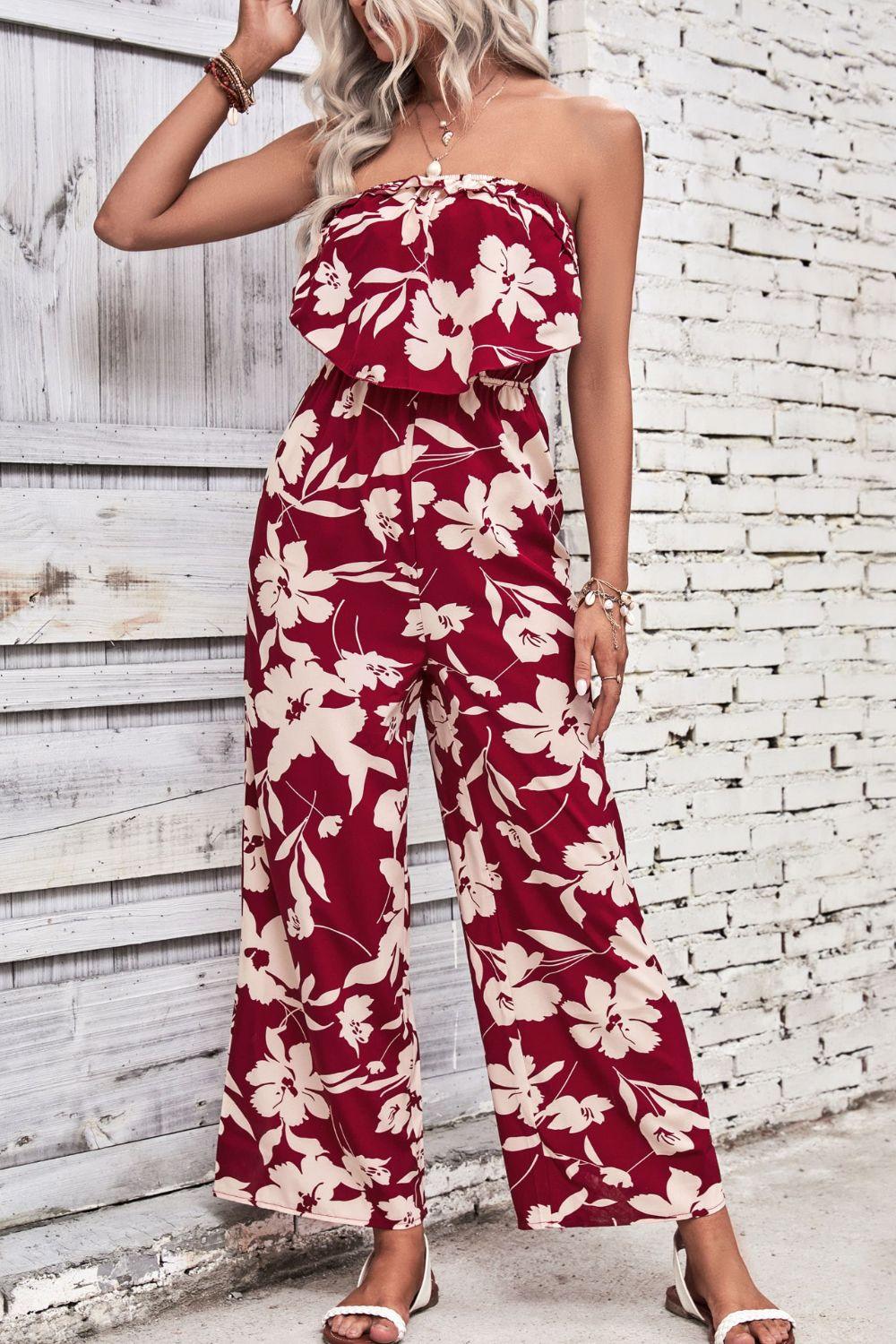 Women's Floral Strapless Wide Leg Jumpsuit