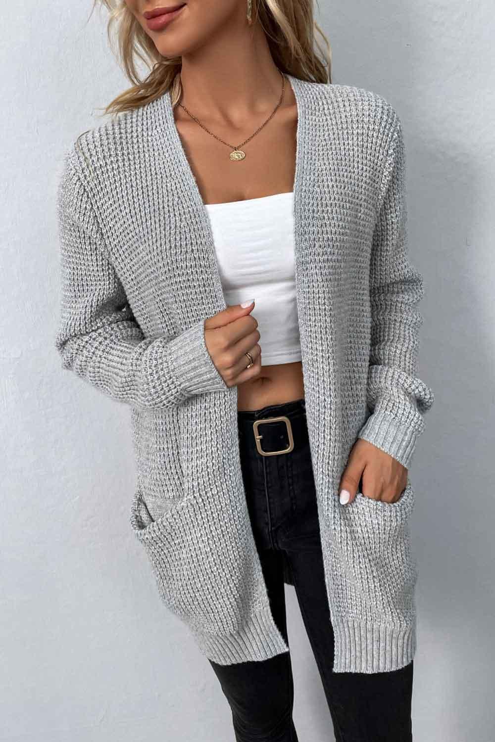 Women's Rib-Knit Open Front Pocketed Cardigan