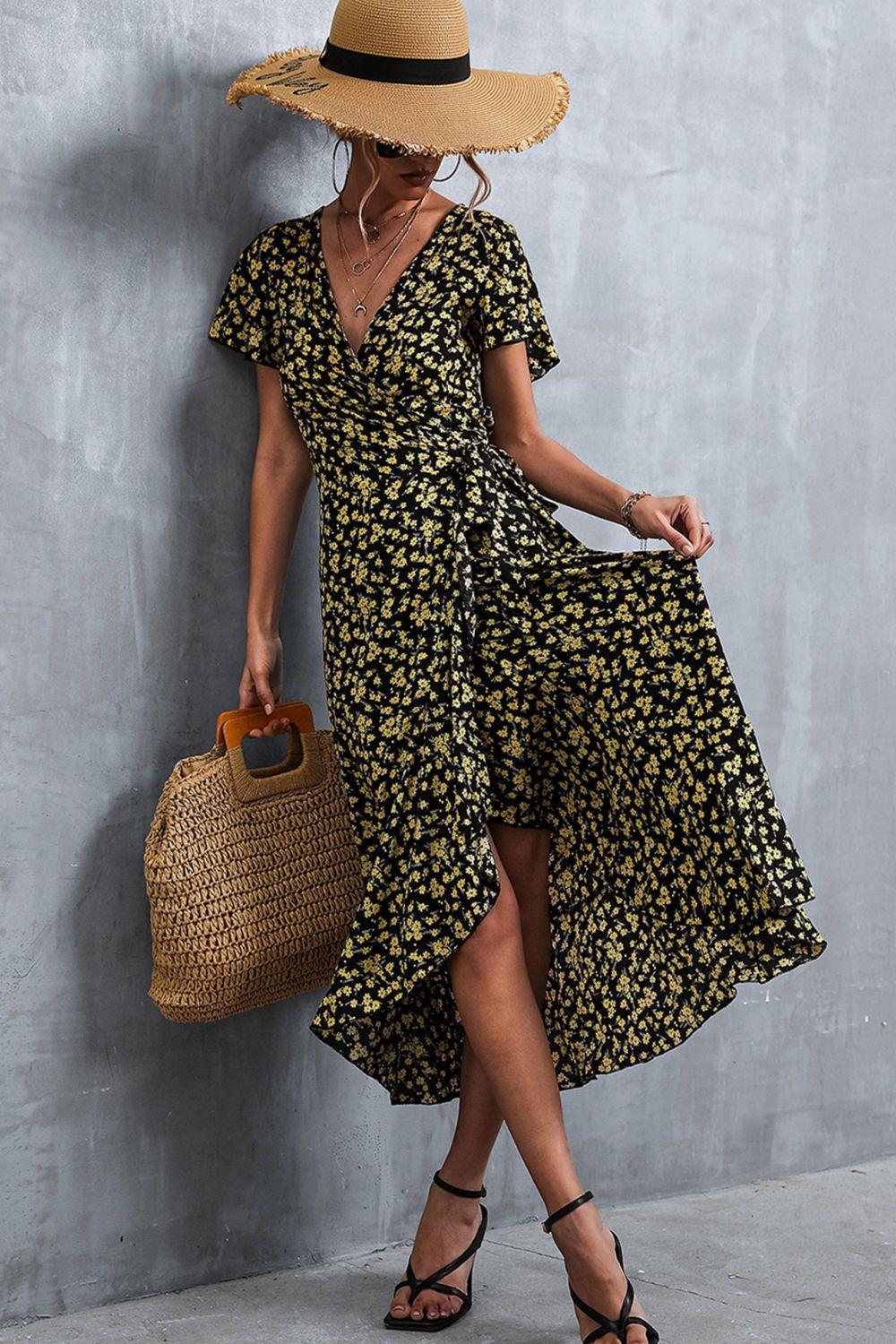 Women's Floral Surplice Neck Tied Midi Dress