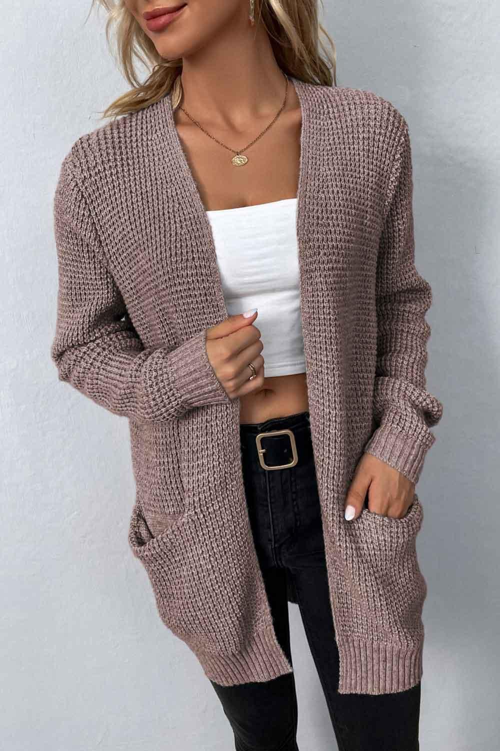 Women's Rib-Knit Open Front Pocketed Cardigan