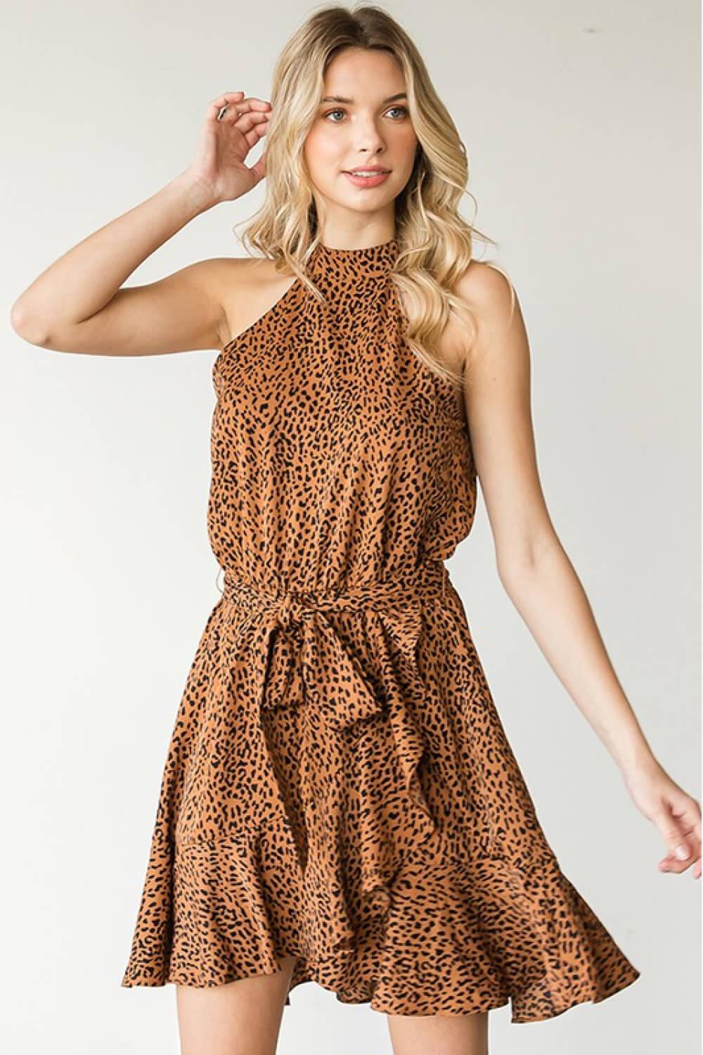 Women's Full Size Leopard Belted Sleeveless Dress