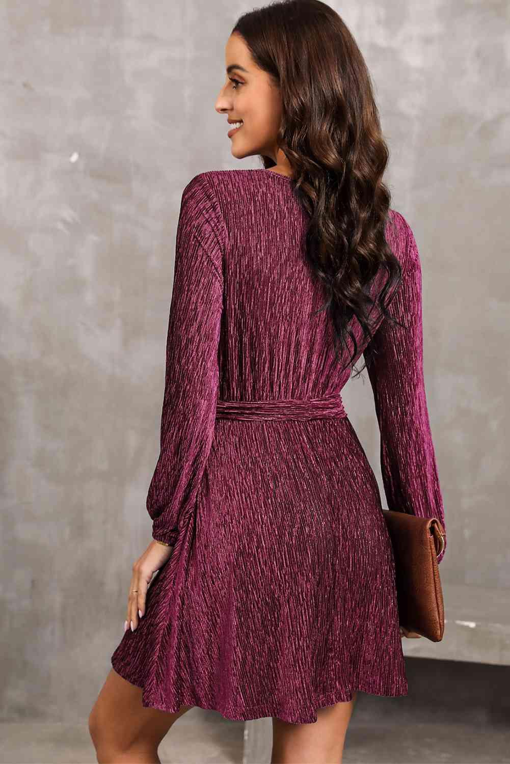 Round Neck Tie Front Long Sleeve Dress