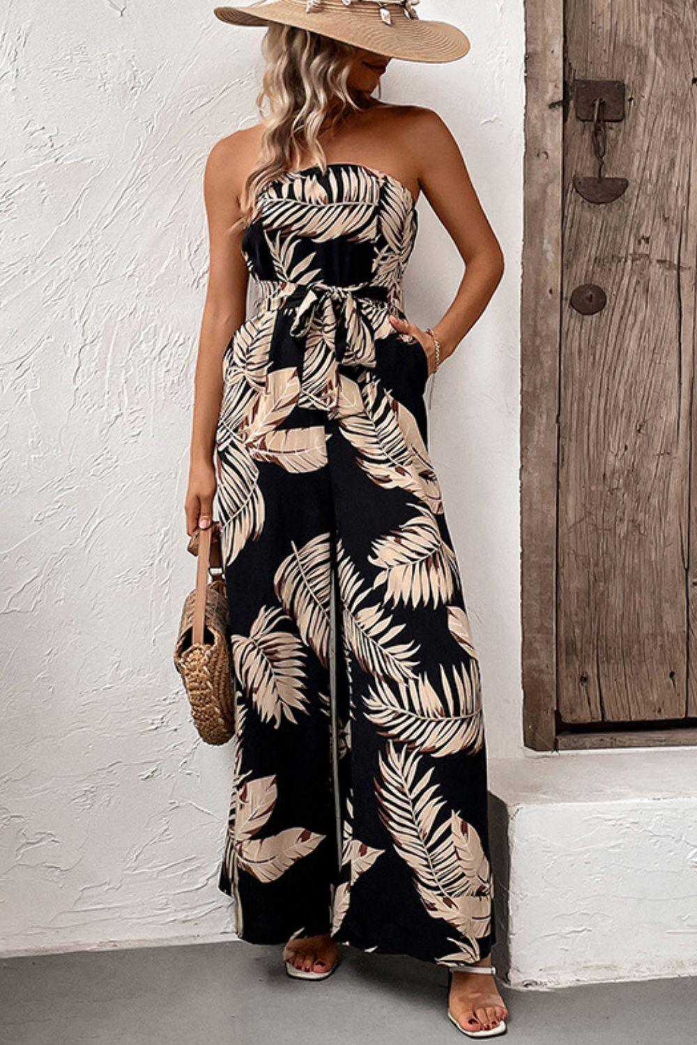 Women's Printed Strapless Wide Leg Jumpsuit with Pockets