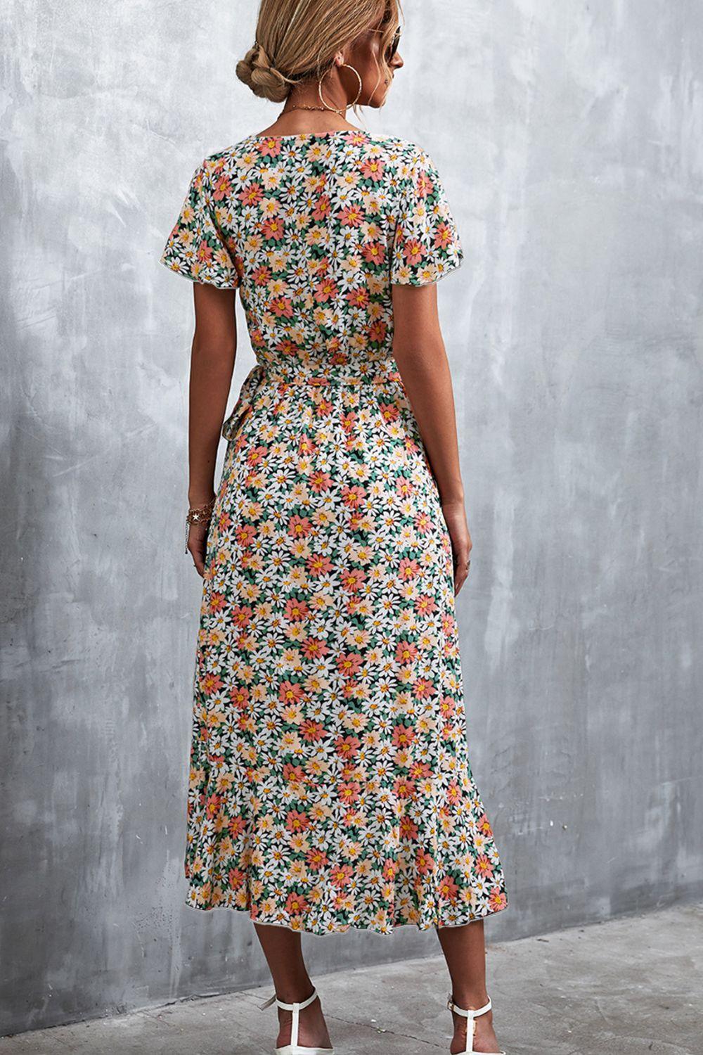 Women's Floral Surplice Neck Tied Midi Dress