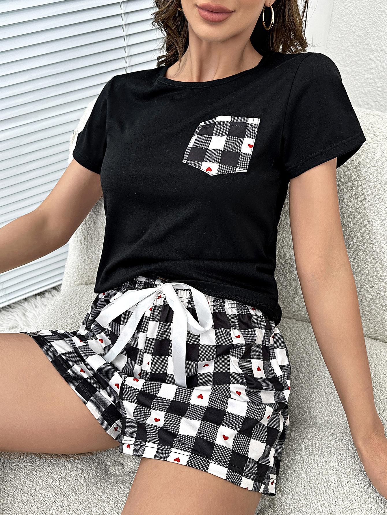 Women's Plaid Heart Top and Shorts Lounge Set