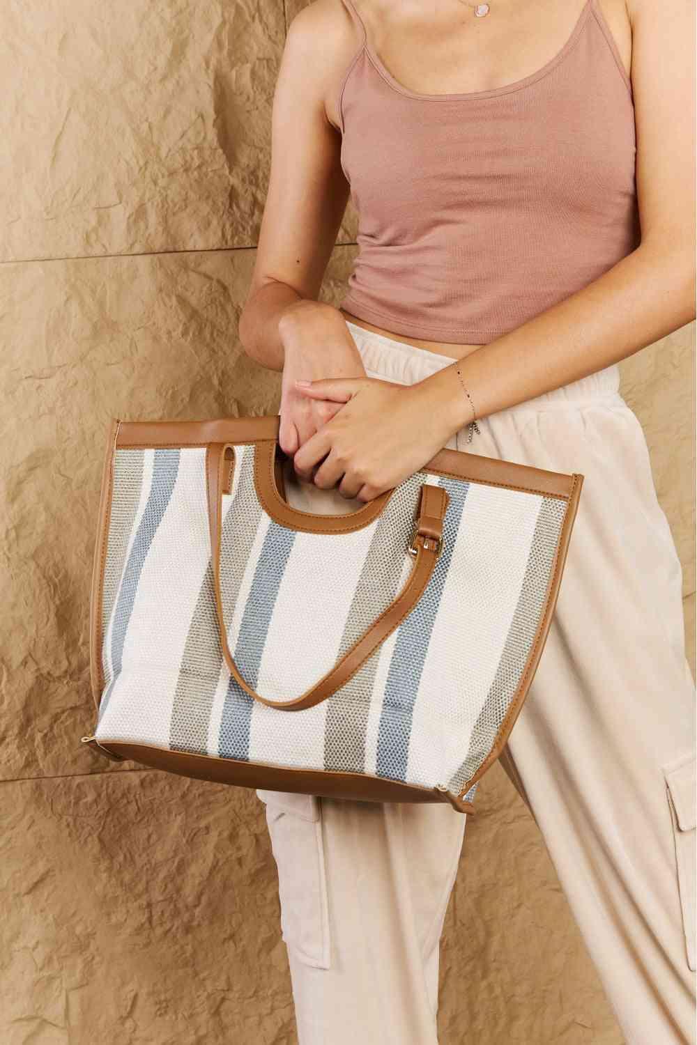 Fame Striped In The Sun Faux Leather Trim Tote Bag