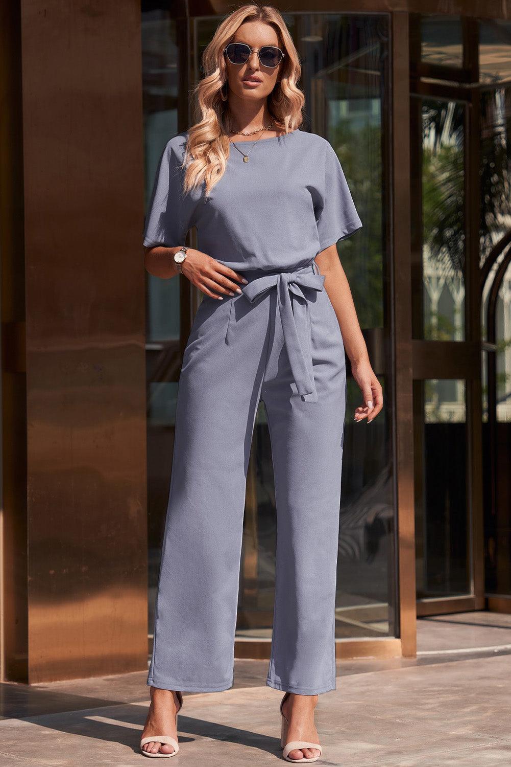 Women's Full Size Tie Waist Straight Leg Jumpsuit