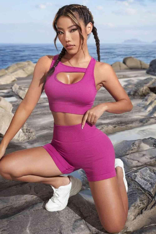 Cutout Crop Top and Sports Shorts Set (Fushia)