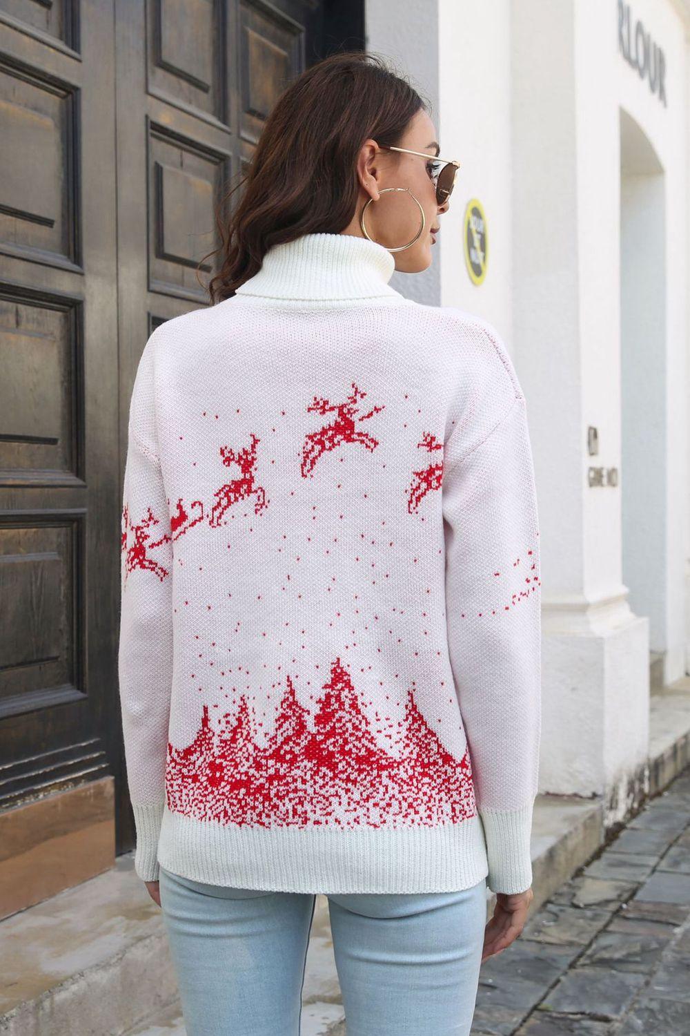 Women's Reindeer & Snow Pattern Turtle Neck Pullover Sweater