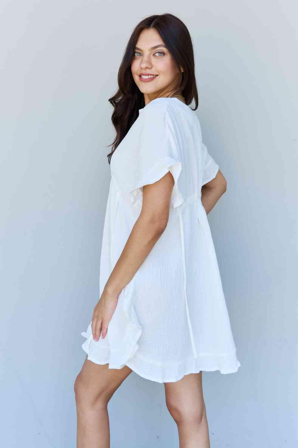 Ninexis Out Of Time Full Size Ruffle Hem Dress with Drawstring Waistband (White)