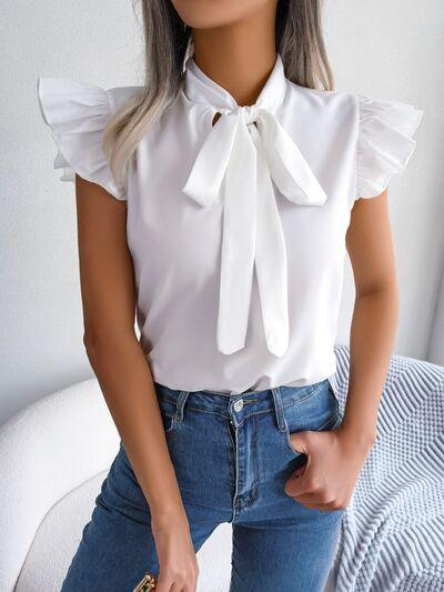 Tie  Neck Cap Sleeve Blouse