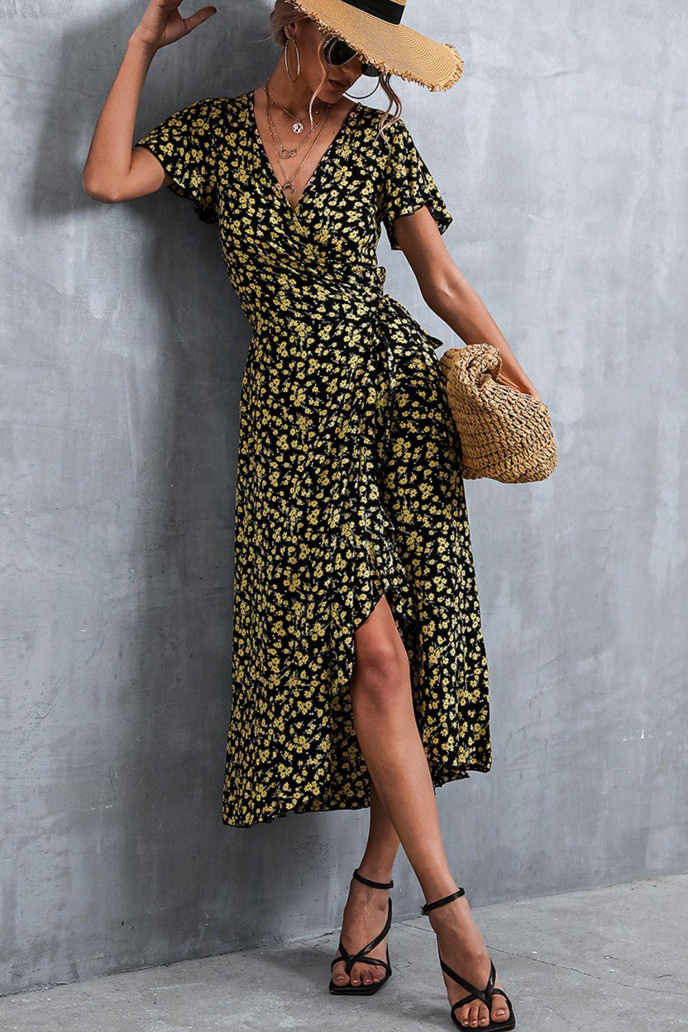 Women's Floral Surplice Neck Tied Midi Dress