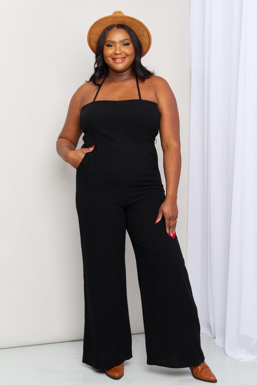 Women's Full Size Halter Neck Wide Leg Jumpsuit with Pockets