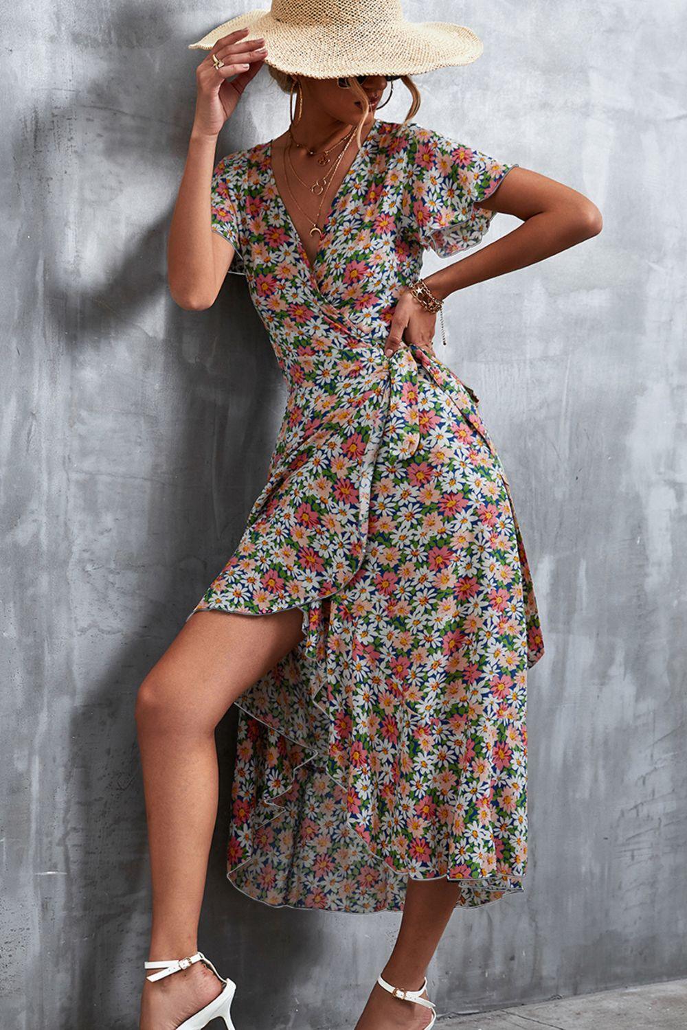 Women's Floral Surplice Neck Tied Midi Dress