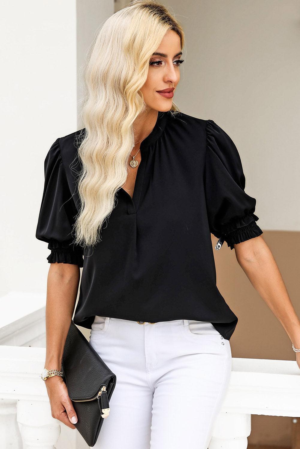 Women's Notched Neck Puff Sleeve Blouse