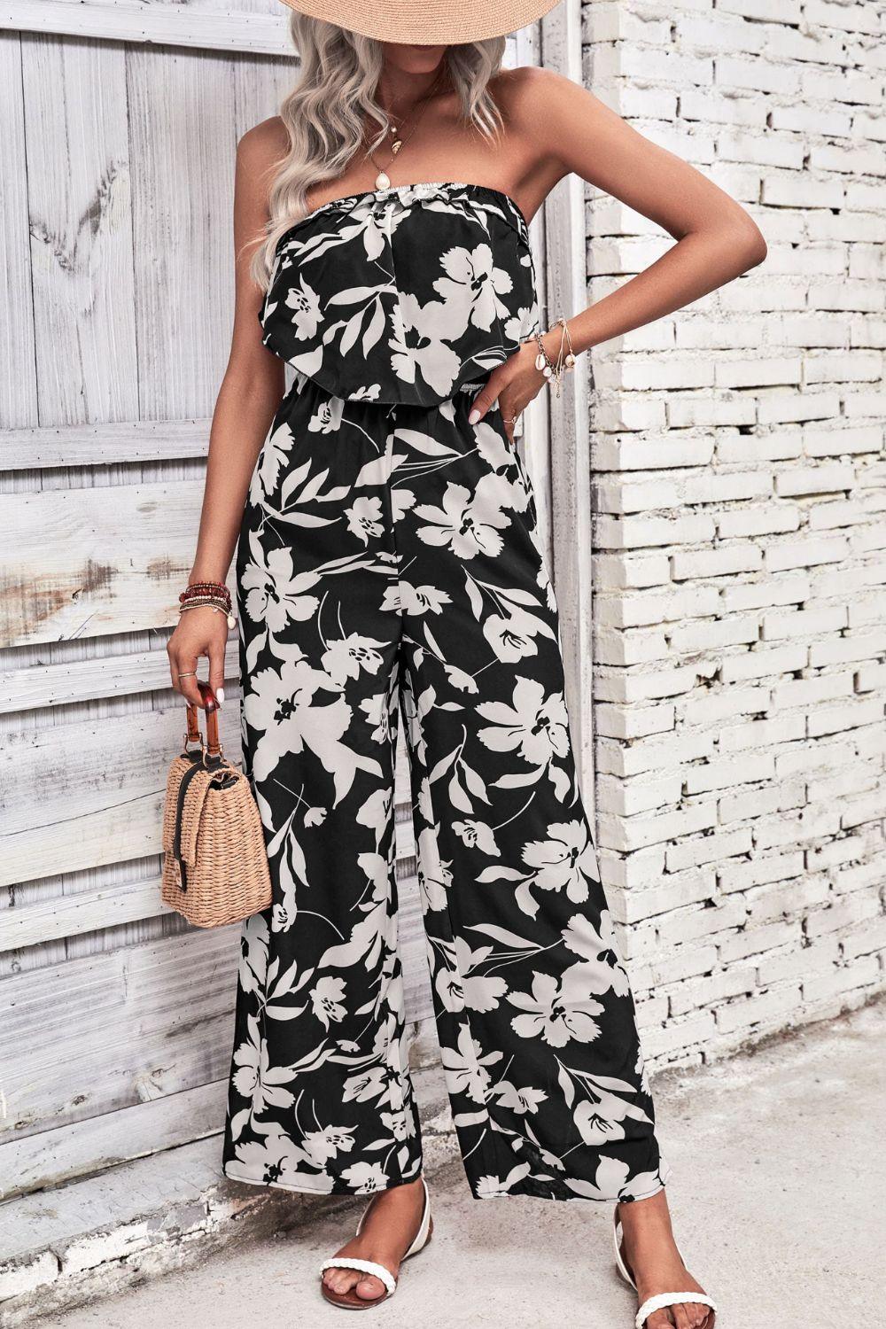 Women's Floral Strapless Wide Leg Jumpsuit