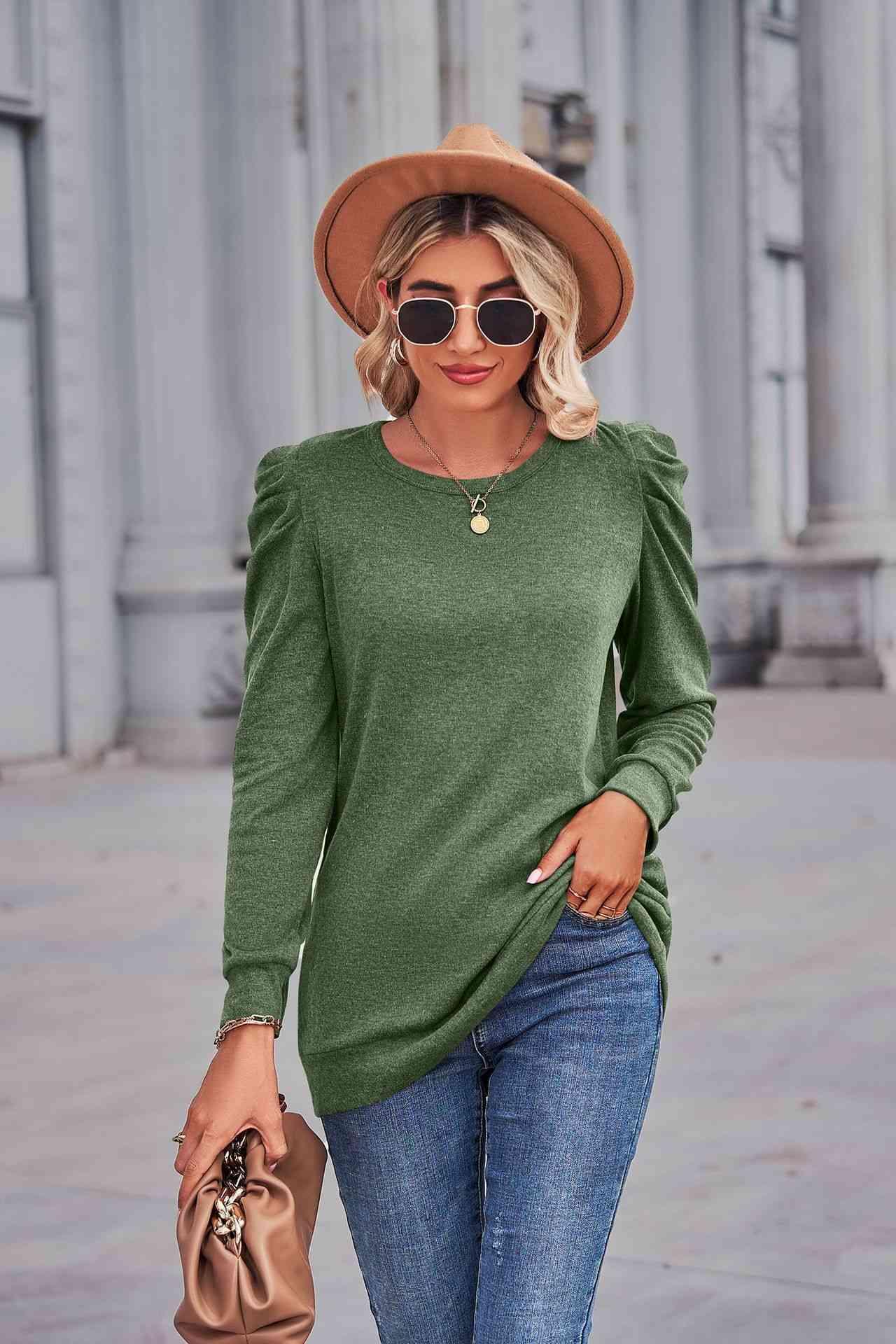 Heathered Puff Sleeve Round Neck Tunic Top