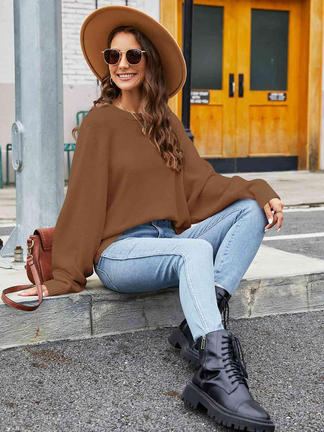 Round Neck Ribbed Trim Sweater