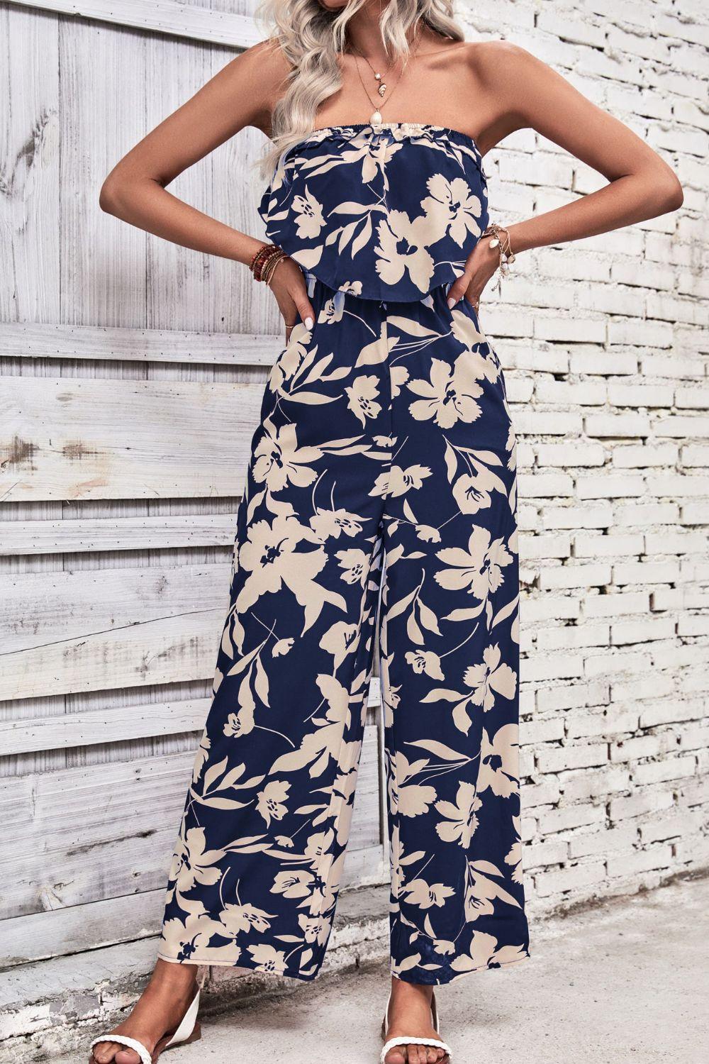 Women's Floral Strapless Wide Leg Jumpsuit