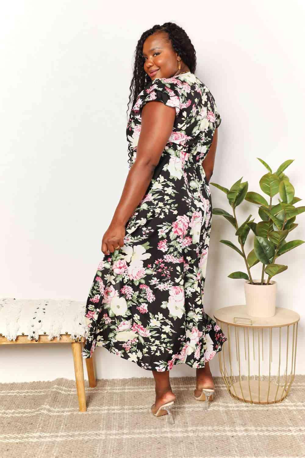 Double Take Floral Flutter Sleeve Tie-Waist Split Dress