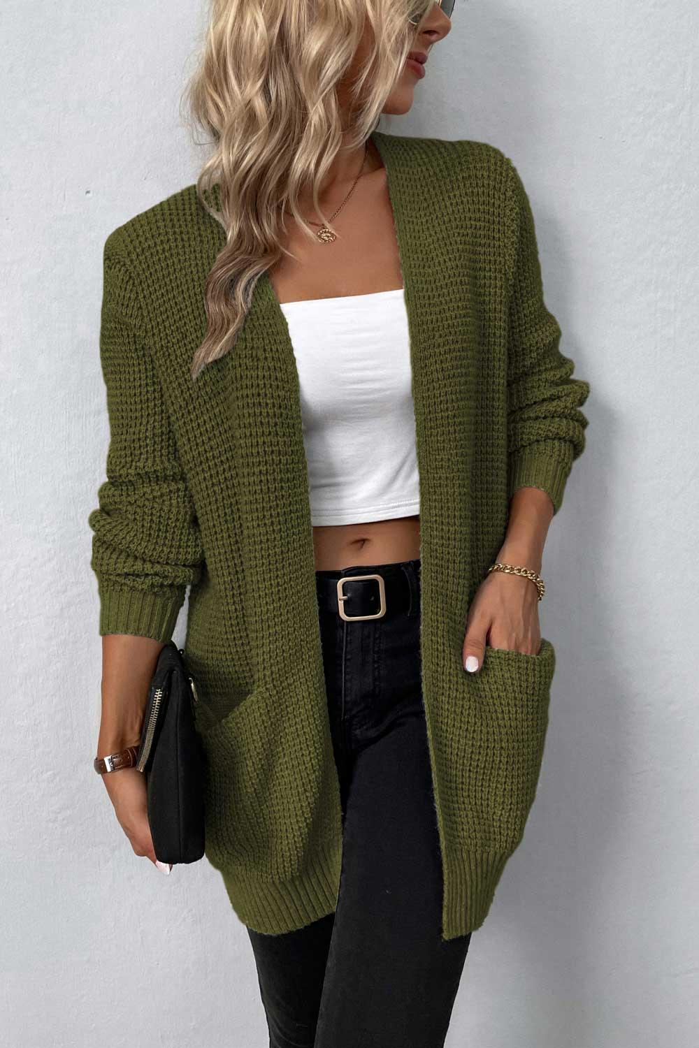 Women's Rib-Knit Open Front Pocketed Cardigan