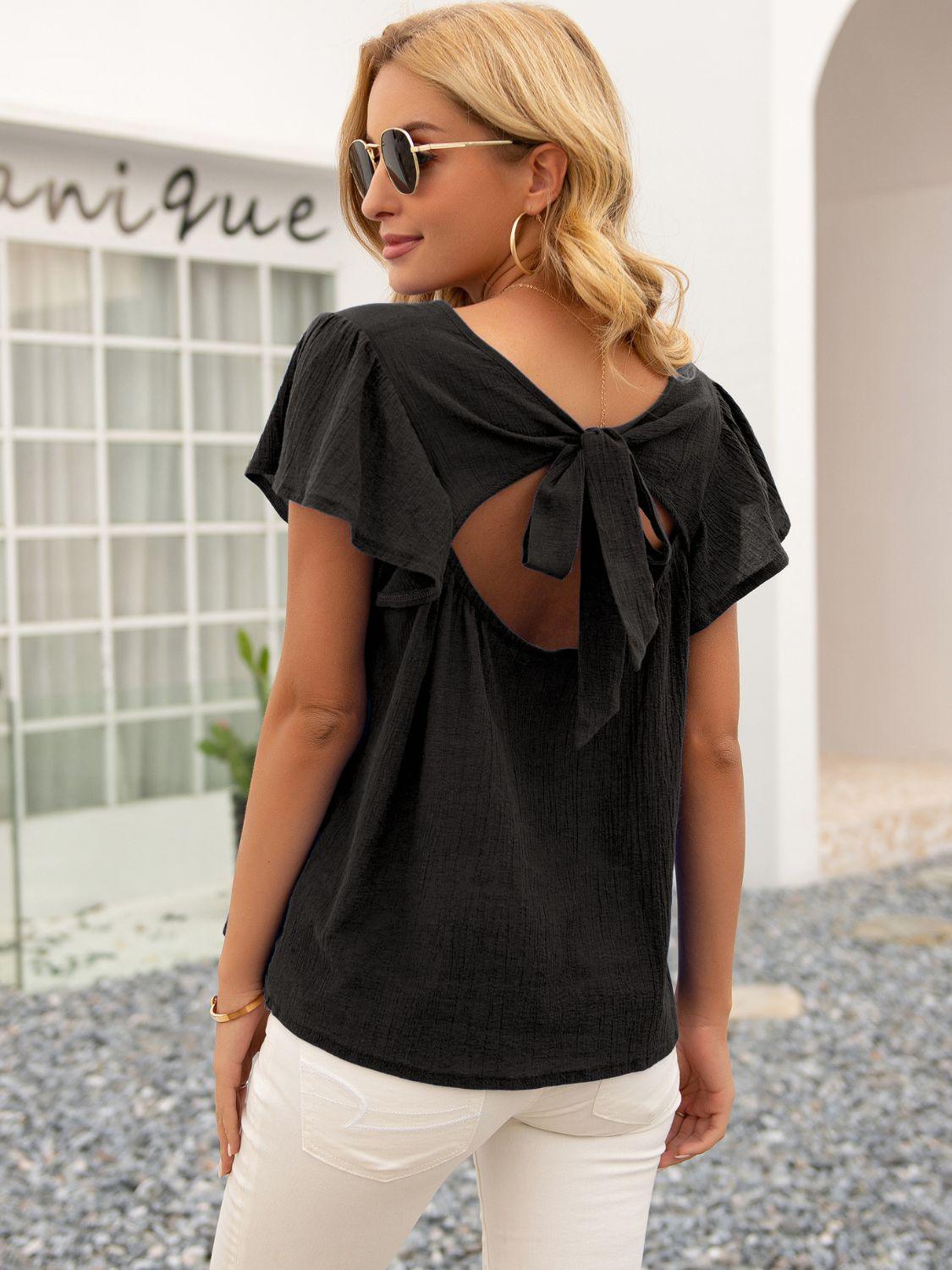 Women's Round Neck Cutout Tie Back Top