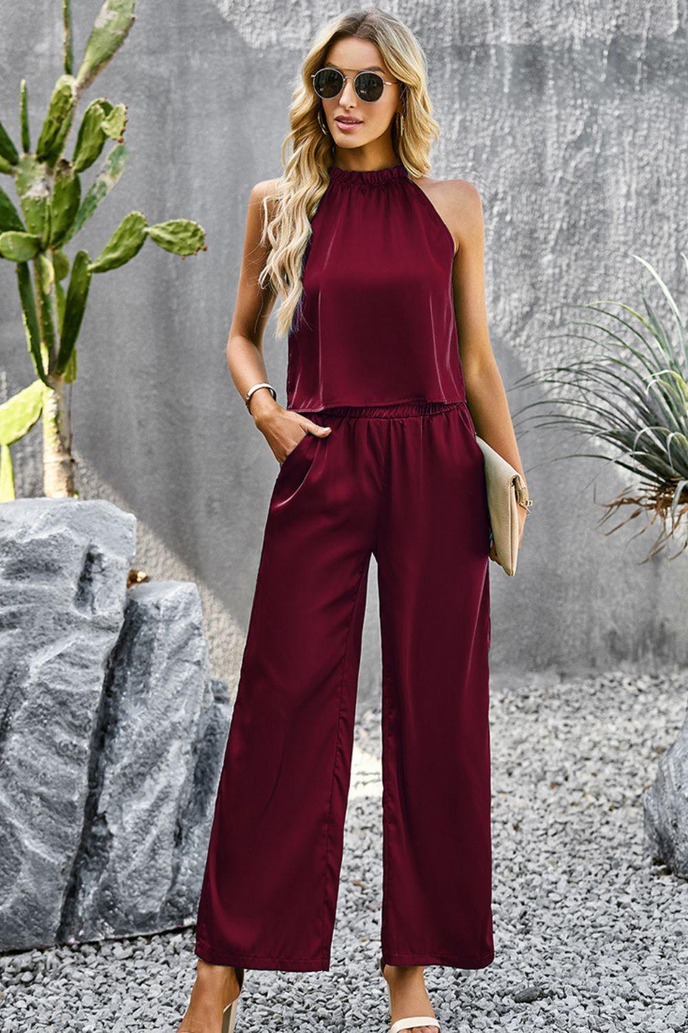 Women's Grecian Neck Sleeveless Pocketed Top and Pants Set