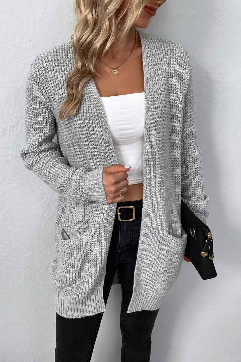 Women's Rib-Knit Open Front Pocketed Cardigan