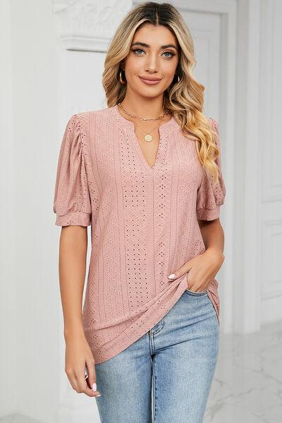 Eyelet Notched Short Sleeve T-Shirt