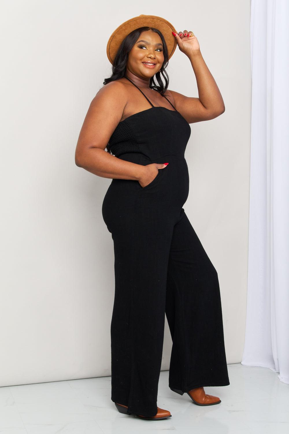 Women's Full Size Halter Neck Wide Leg Jumpsuit with Pockets