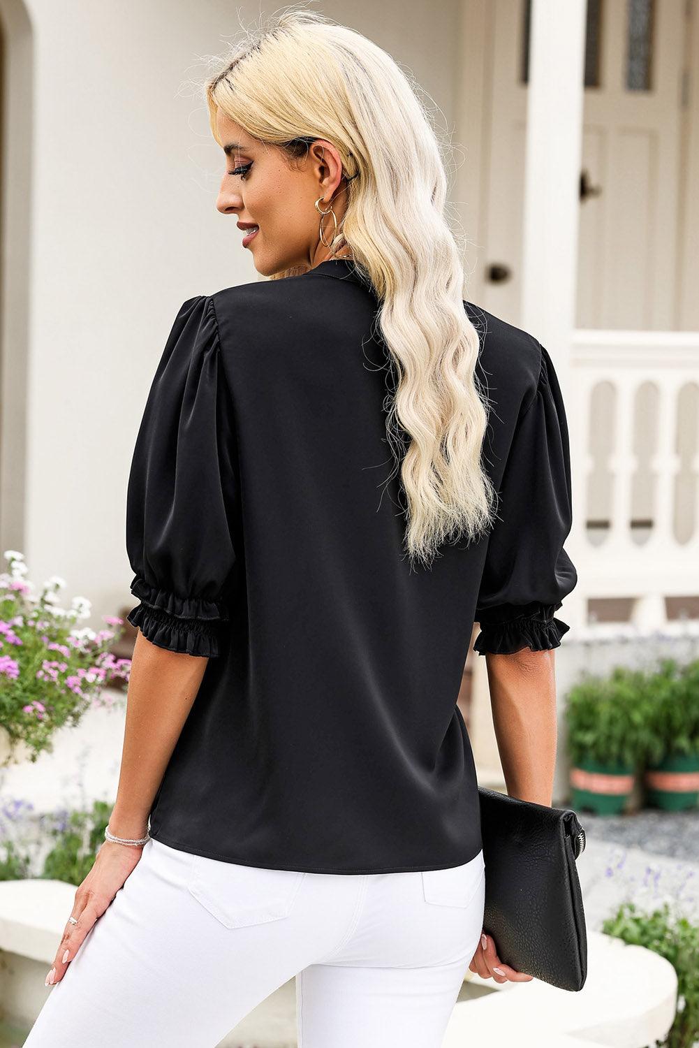 Women's Notched Neck Puff Sleeve Blouse