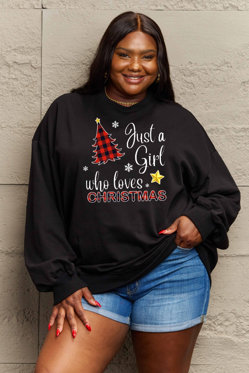 Simply Love Full Size Graphic Sweatshirt (Just A Girl Who Loves Christmas)