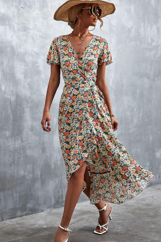 Women's Floral Surplice Neck Tied Midi Dress