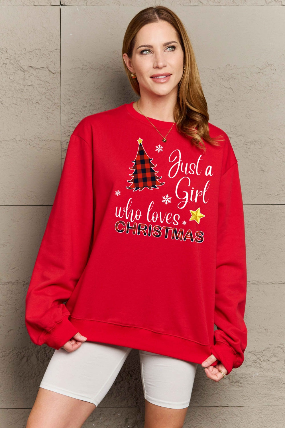 Simply Love Full Size Graphic Sweatshirt (Just A Girl Who Loves Christmas)