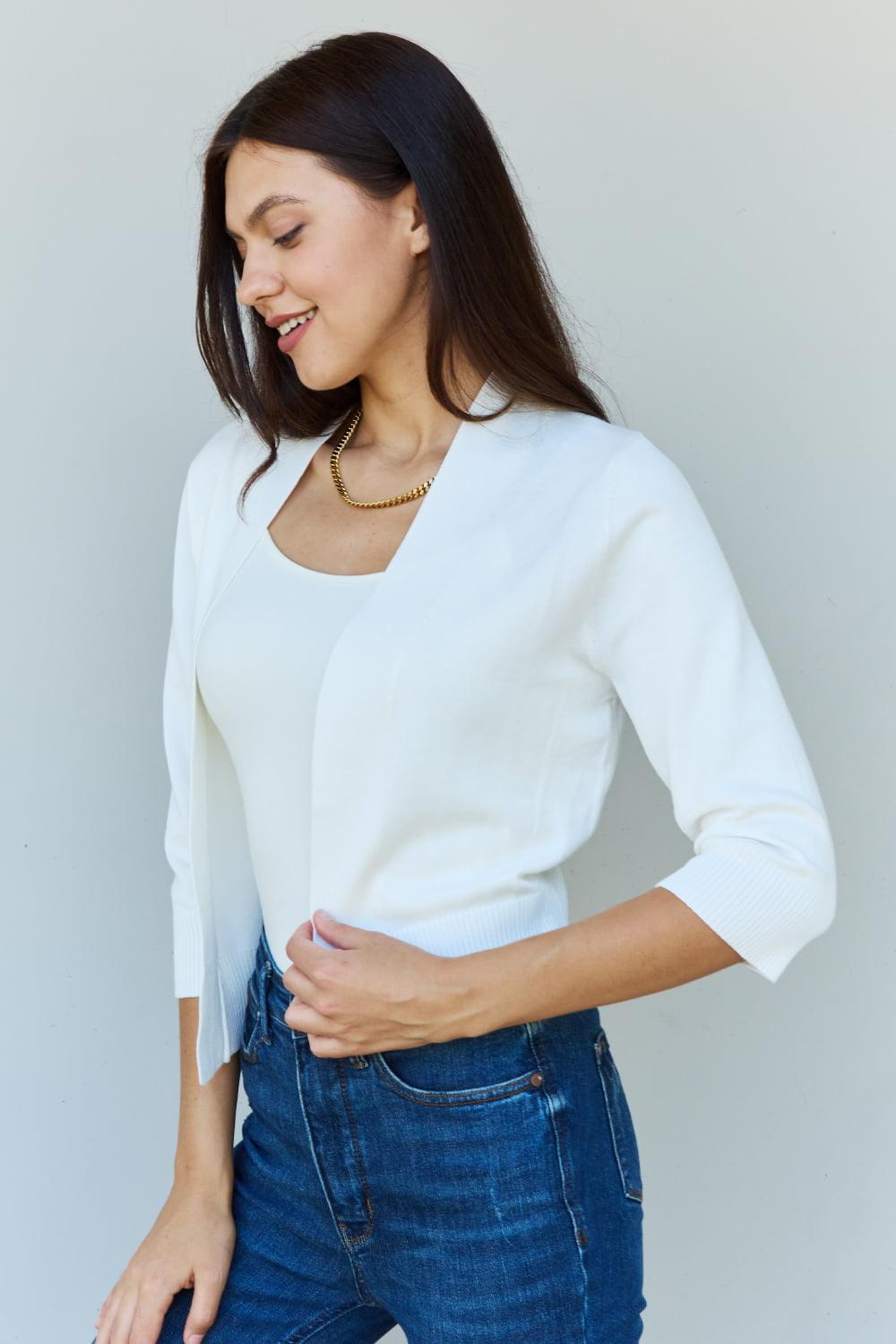 Doublju My Favorite Full Size 3/4 Sleeve Cropped Cardigan (Ivory)