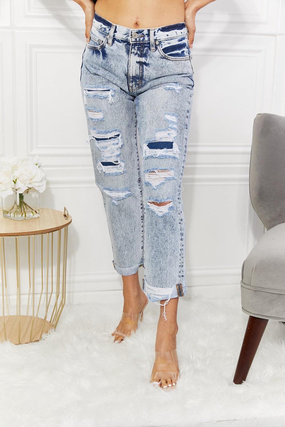 Women's High Rise Distressed Straight Jeans