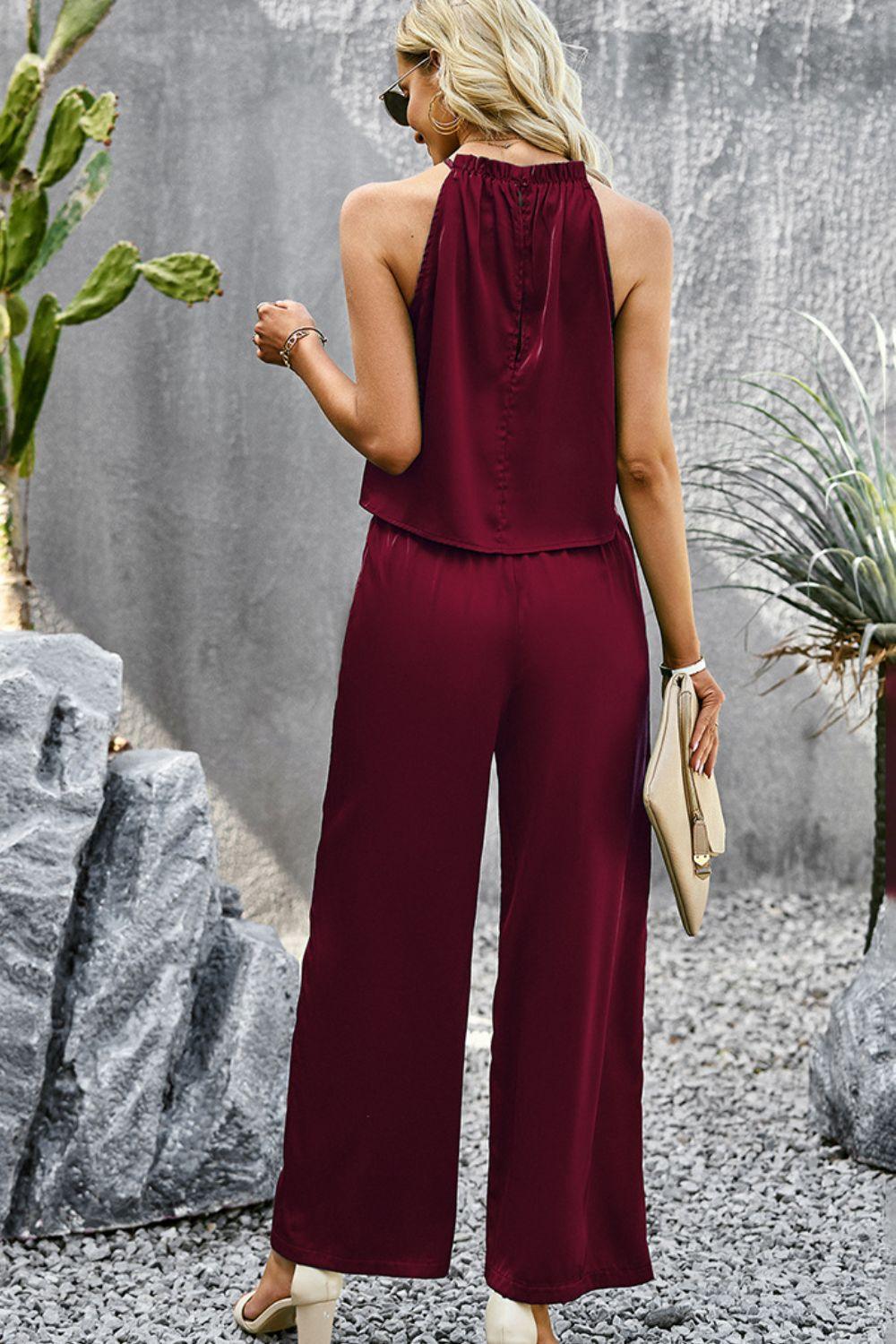 Women's Grecian Neck Sleeveless Pocketed Top and Pants Set