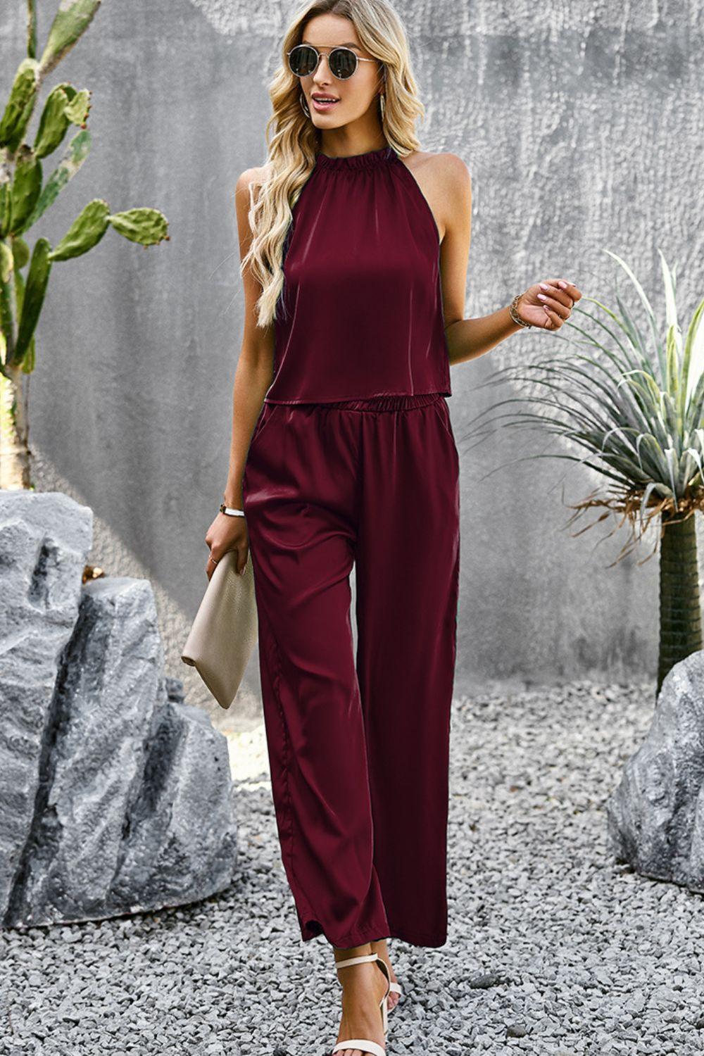 Women's Grecian Neck Sleeveless Pocketed Top and Pants Set