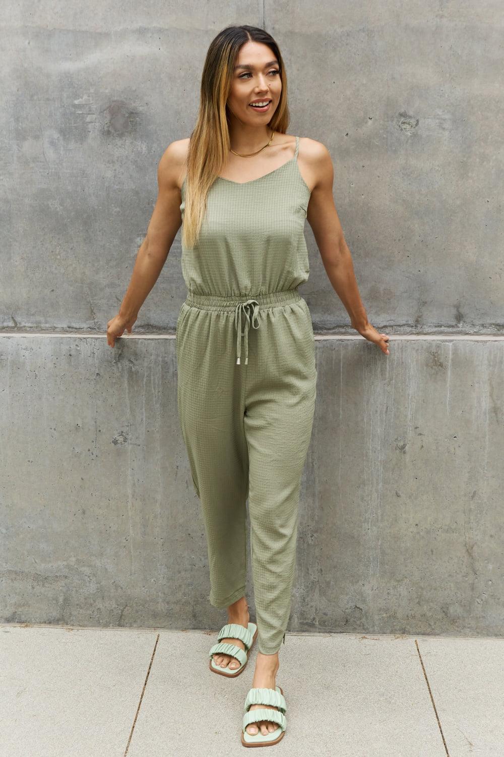 Women's Full Size Textured Woven Jumpsuit in Sage