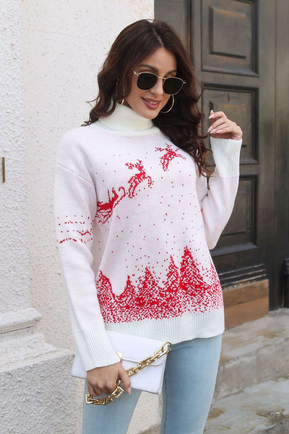 Women's Reindeer & Snow Pattern Turtle Neck Pullover Sweater