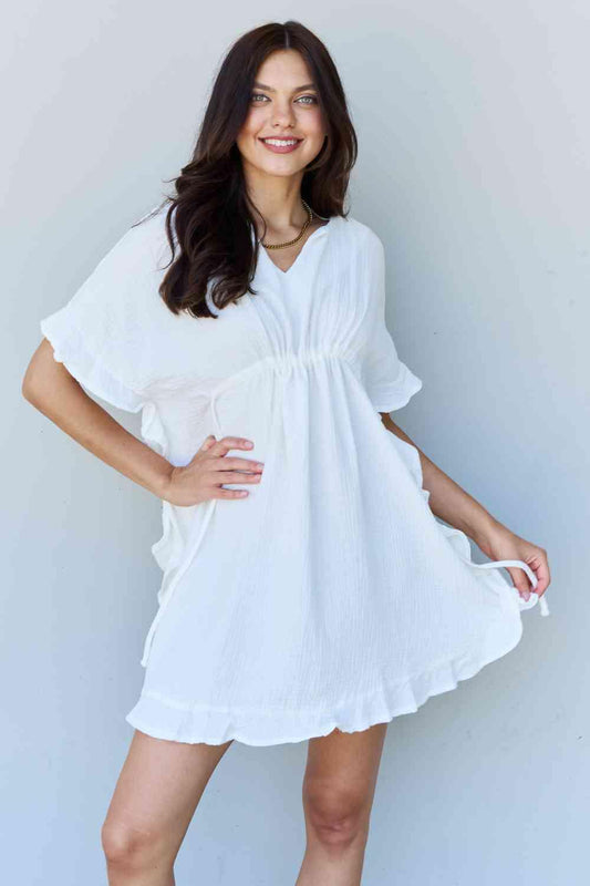 Ninexis Out Of Time Full Size Ruffle Hem Dress with Drawstring Waistband (White)