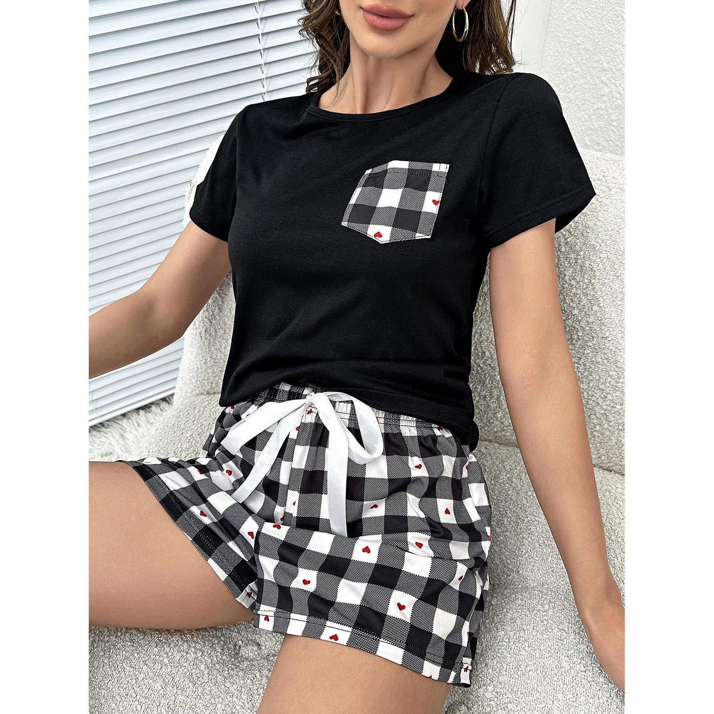 Women's Plaid Heart Top and Shorts Lounge Set