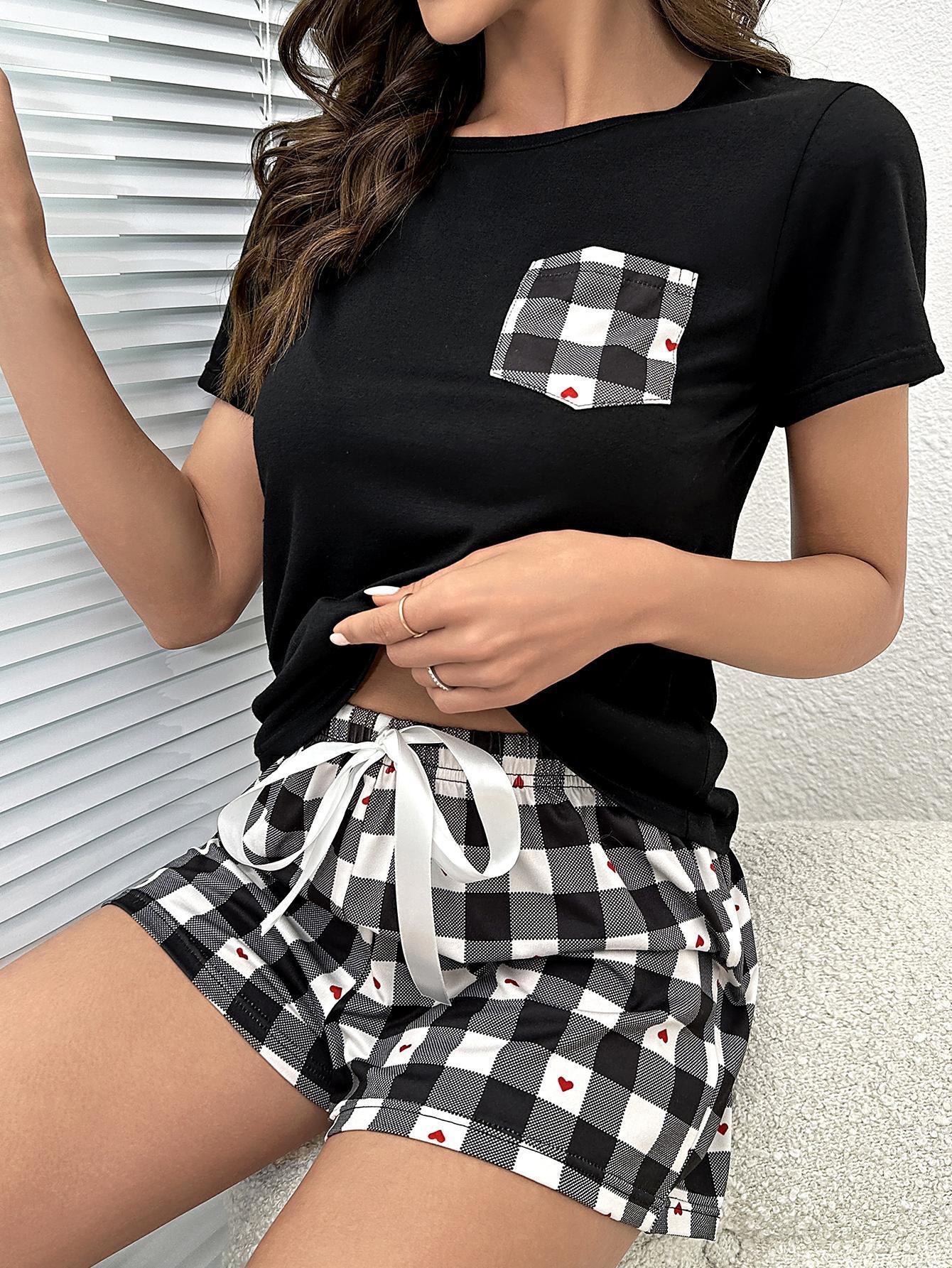 Women's Plaid Heart Top and Shorts Lounge Set