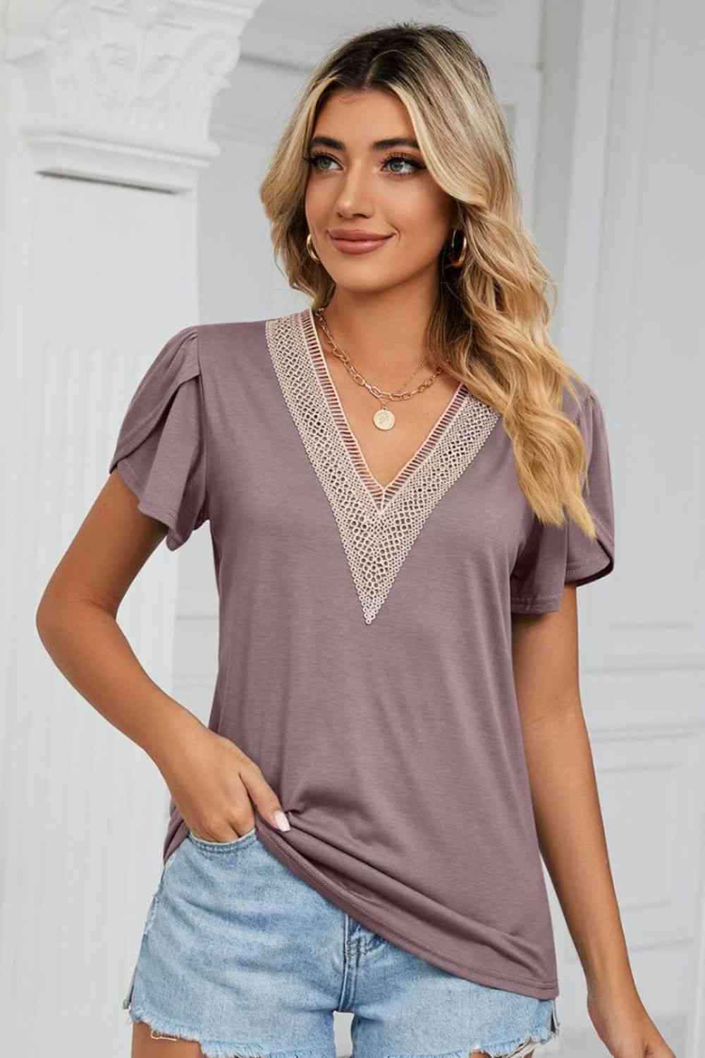 Contrast Trim Petal Sleeve V-Neck Top