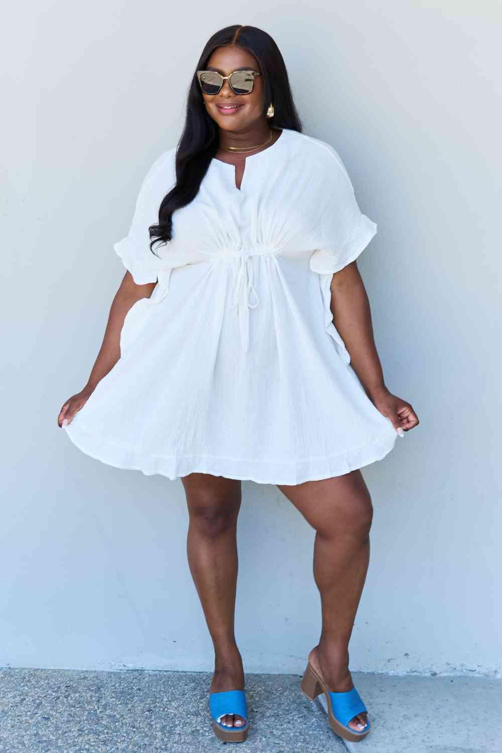 Ninexis Out Of Time Full Size Ruffle Hem Dress with Drawstring Waistband (White)