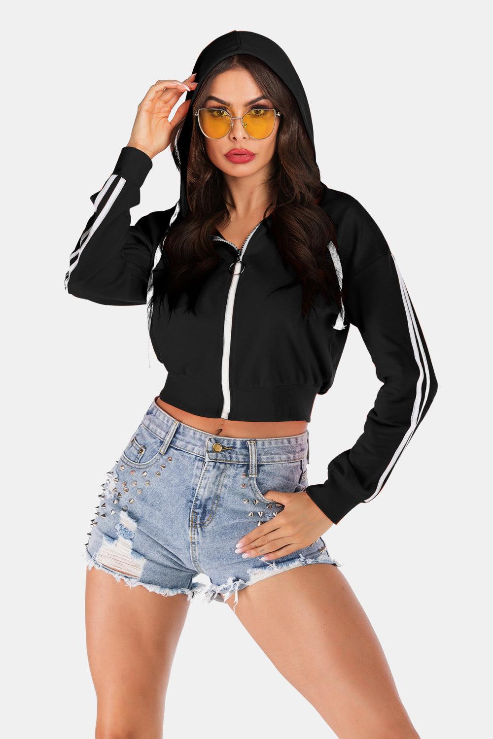 Side Stripe Drawstring Cropped Hooded Jacket