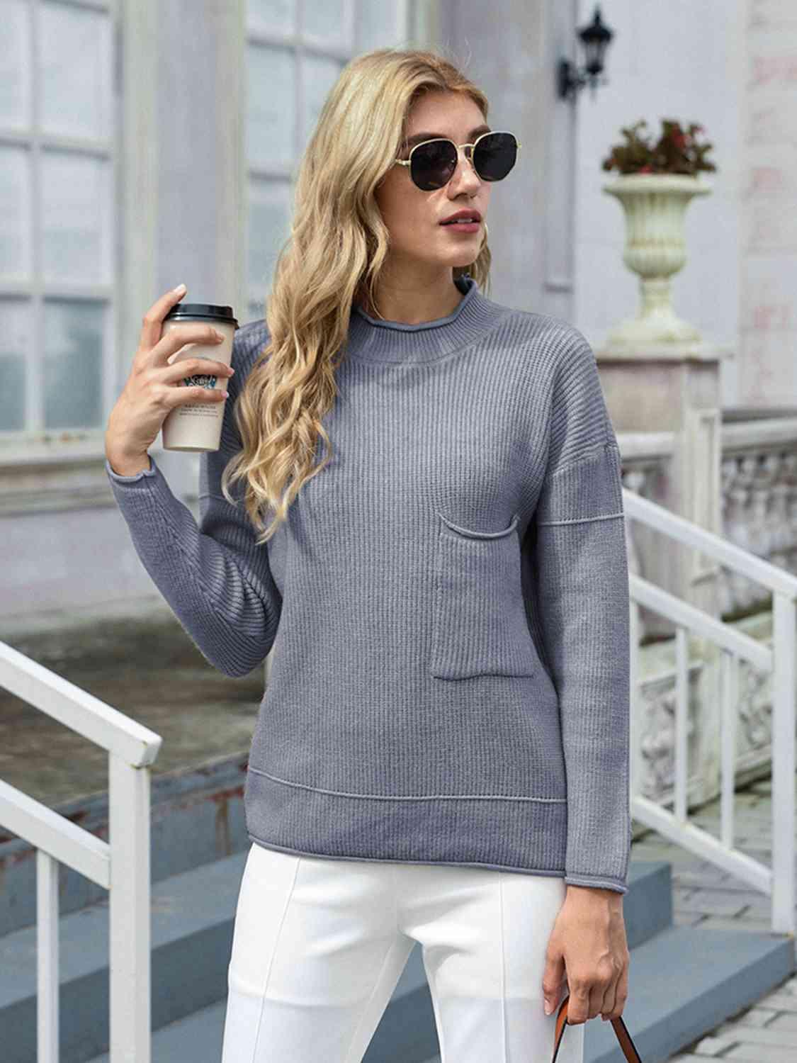 Ribbed Round Neck Dropped Shoulder Sweater